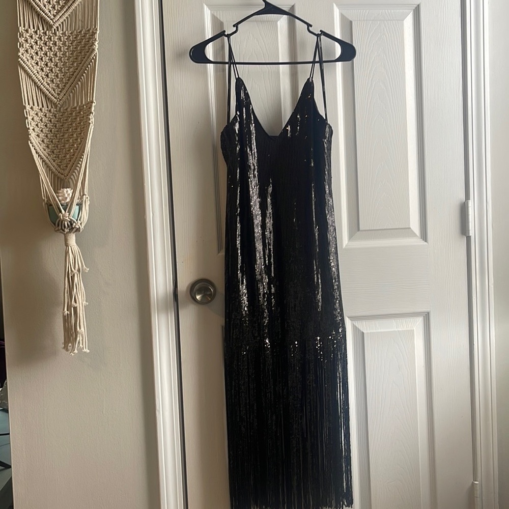 Black sequin dress with flapper fringe